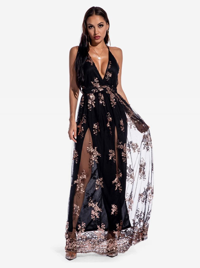 Vestido Sexy Feminino Com Alças Finas Bordados Vestidos Maxi Tule - Preto