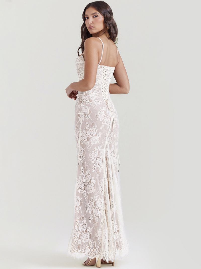 Vestido Trompete Feminino Com Recorte Floral Bordado Mangas Compridas Vestidos Baile - Branco