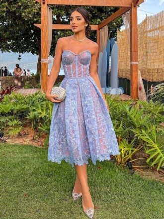 Vestidos Femininos Festa Lavanda Sem Alças Renda Mangas Com Ombro Aberto Vestido Midi