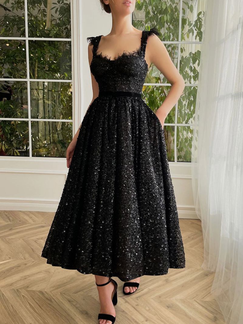 Vestidos Femininos Lantejoulas Com Decote Em Coração Renda Sem Mangas Costas Vestido Midi Baile - Preto