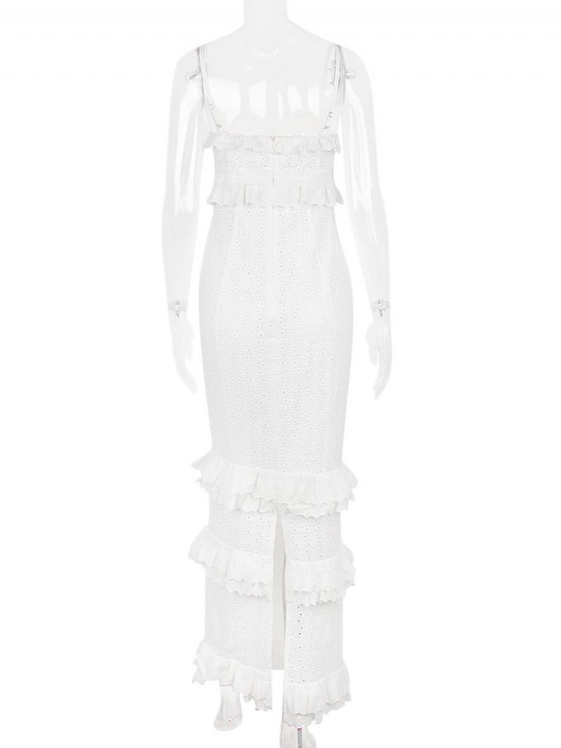 Vestidos Festa Femininos Alças Brancas Pescoço Babados Sem Mangas Em Camadas Vestido Semi Formal - Branco