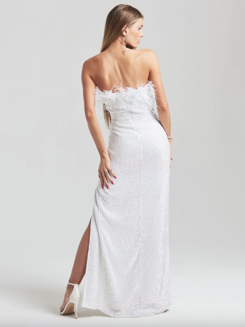 Vestidos Maxi Femininos Com Gola Penas Sem Alças Fenda Alta Festa Aniversário Vestido Baile - Branco