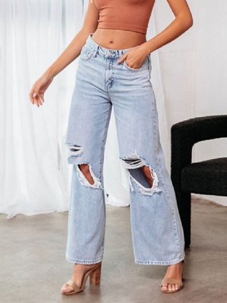 Calça Jeans Feminina Chique Franja Cintura Elevada Poliéster