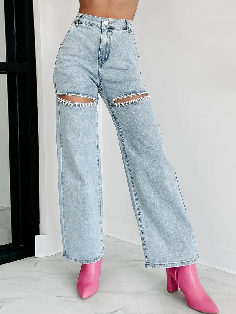 Calça Jeans Feminina Perna Larga Com Strass Recorte Cintura Alta Casual