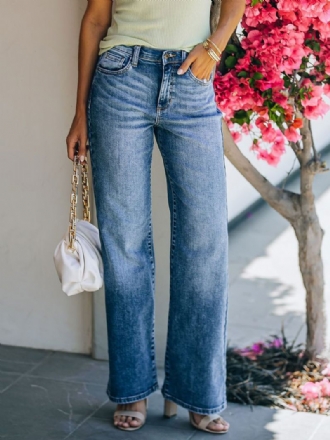 Calça Jeans Reta Cintura Alta Casual Algodão Para Mulheres