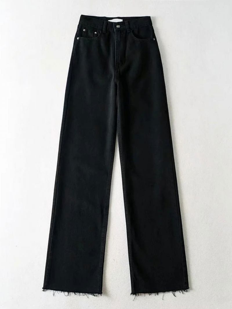 Jeans Para Mulheres Casual Zíper Levantado Botão Cintura Voar Calças Retas - Preto