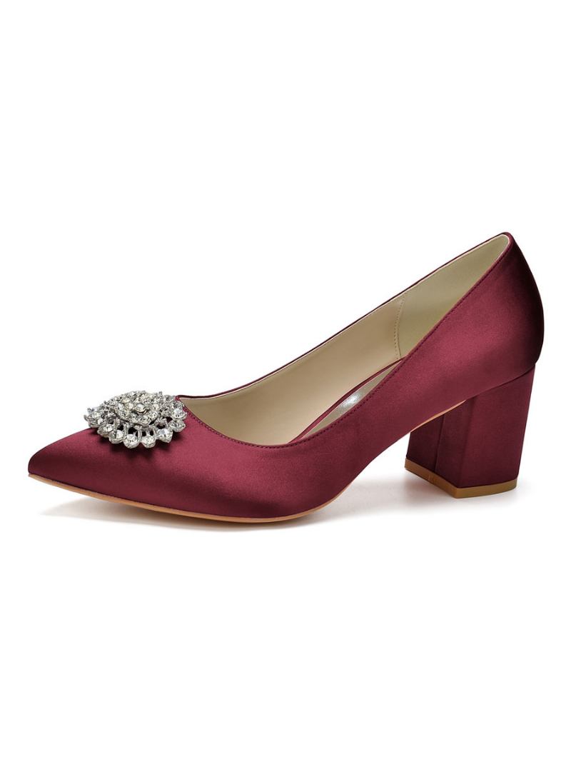 Bombas Noiva Femininas Salto Bloco Com Strass - Borgonha