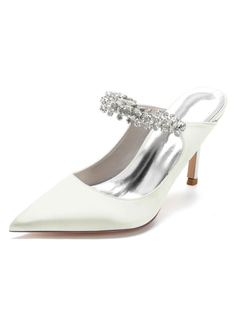 Mules Noiva Femininos Com Strass Bico Fino Salto Agulha Em Cetim