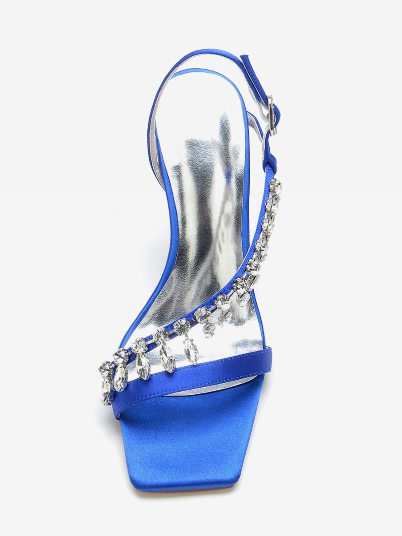 Sandálias Noiva Femininas Marfim Cetim Chique Dedo Aberto Strass Casamento - Azul Royal