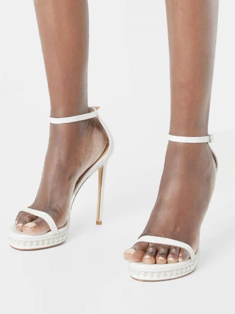 Sapatos Baile Brancos Femininos Cetim Dedo Do Pé Aberto Pérolas Casamento Sandálias Com Tira No Tornozelo