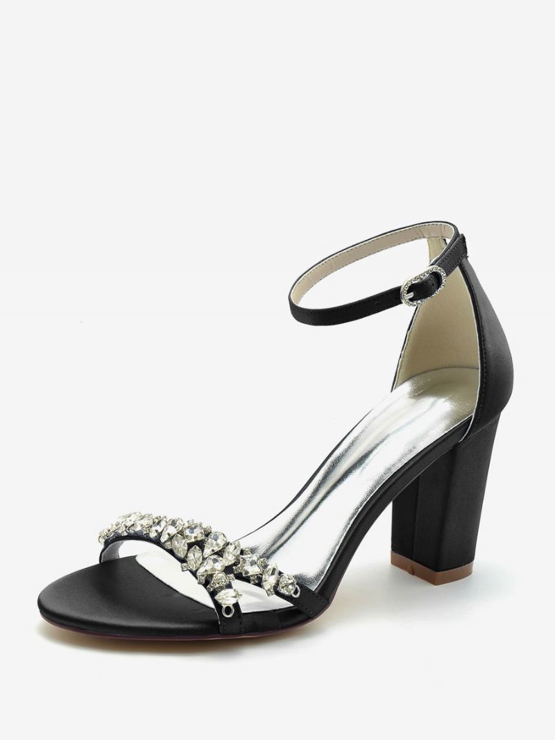 Sapatos Casamento Femininos Cetim Branco Dedo Do Pé Aberto Strass Noiva Salto Grosso - Preto