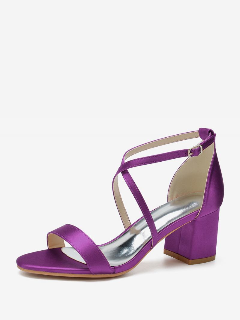 Sapatos Casamento Femininos Cetim Uva Dedo Do Pé Aberto Salto Grosso Cruzado Noiva - Uva