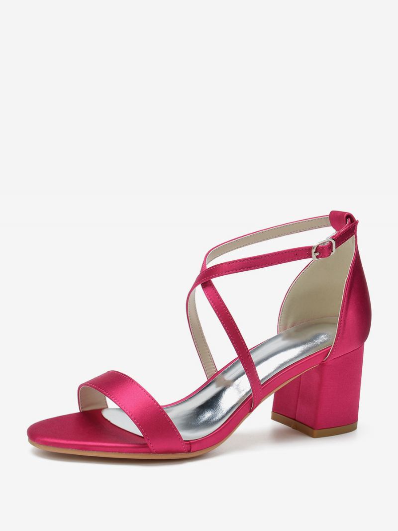 Sapatos Casamento Femininos Cetim Uva Dedo Do Pé Aberto Salto Grosso Cruzado Noiva - Rosa