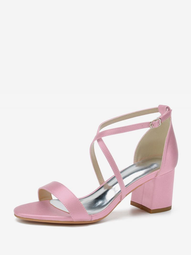 Sapatos Casamento Femininos Cetim Uva Dedo Do Pé Aberto Salto Grosso Cruzado Noiva - Rosa