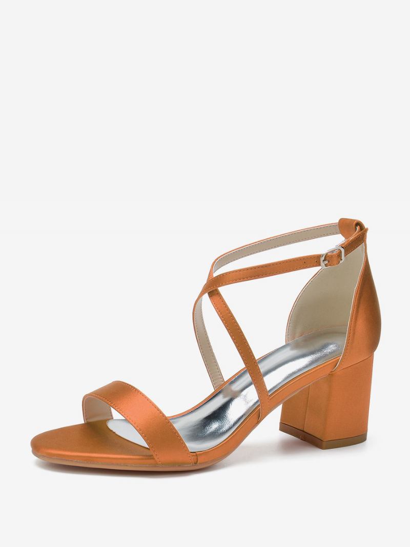 Sapatos Casamento Femininos Cetim Uva Dedo Do Pé Aberto Salto Grosso Cruzado Noiva - Laranja