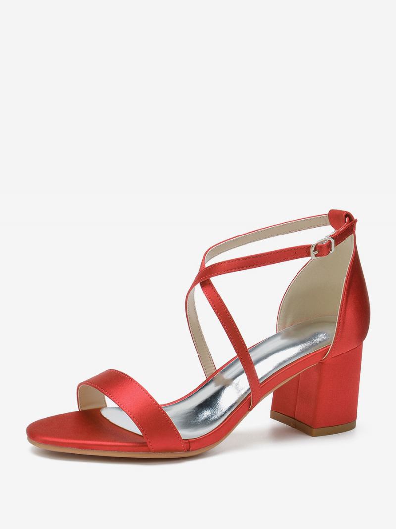 Sapatos Casamento Femininos Cetim Uva Dedo Do Pé Aberto Salto Grosso Cruzado Noiva - Vermelho Turo