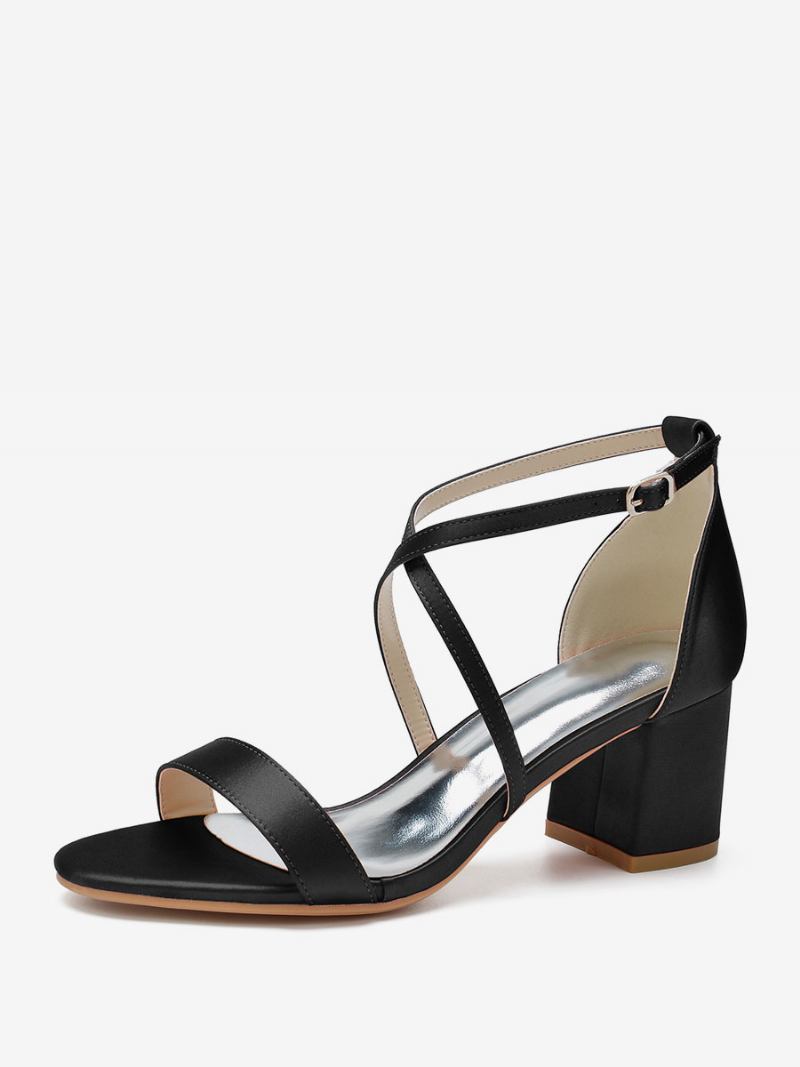 Sapatos Casamento Femininos Cetim Uva Dedo Do Pé Aberto Salto Grosso Cruzado Noiva - Preto