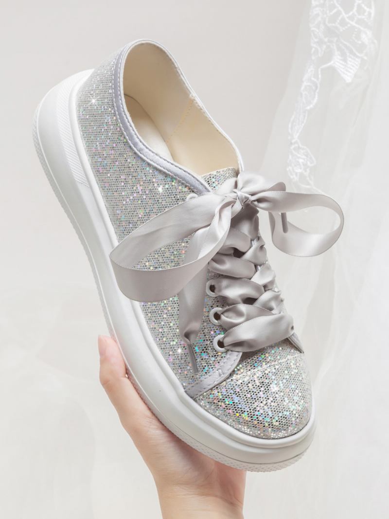 Sapatos Casamento Femininos Com Glitter E Bico Redondo Cadarço - Prata