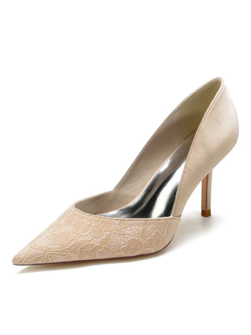 Sapatos Casamento Femininos Com Renda Bico Fino Salto Agulha Bombas Noiva - Champanhe