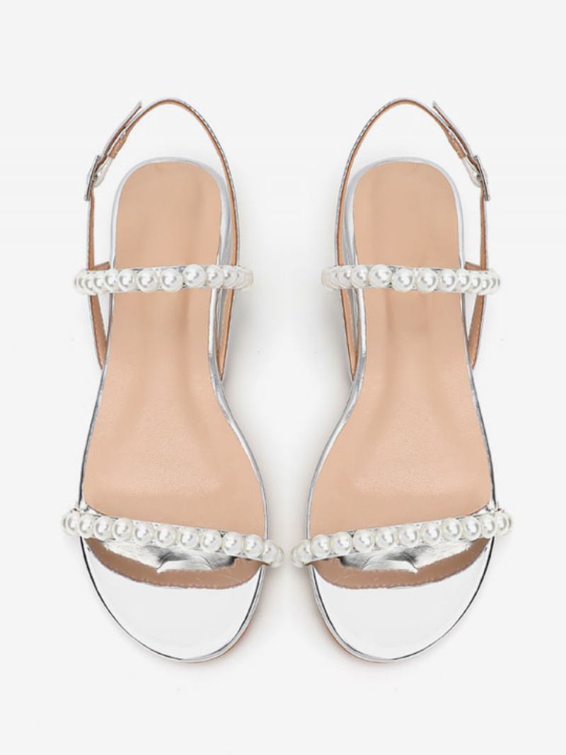 Sapatos Casamento Femininos Couro Pu Prata Dedo Do Pé Aberto Pérolas Noiva Planos - Prata