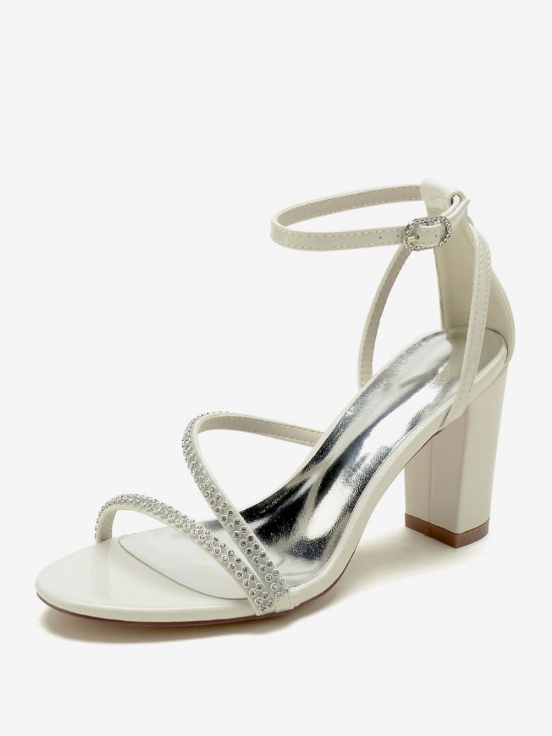 Sapatos Casamento Femininos Patente Pu Superior Strass Nude Sandálias Dedo Aberto - Bege