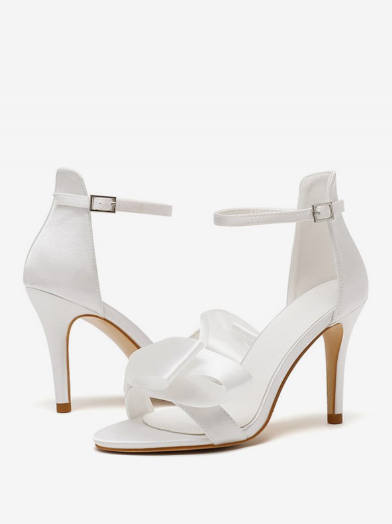 Sapatos Casamento Femininos Salto Alto Cetim Branco Com Laço No Tornozelo Sandálias - Branco