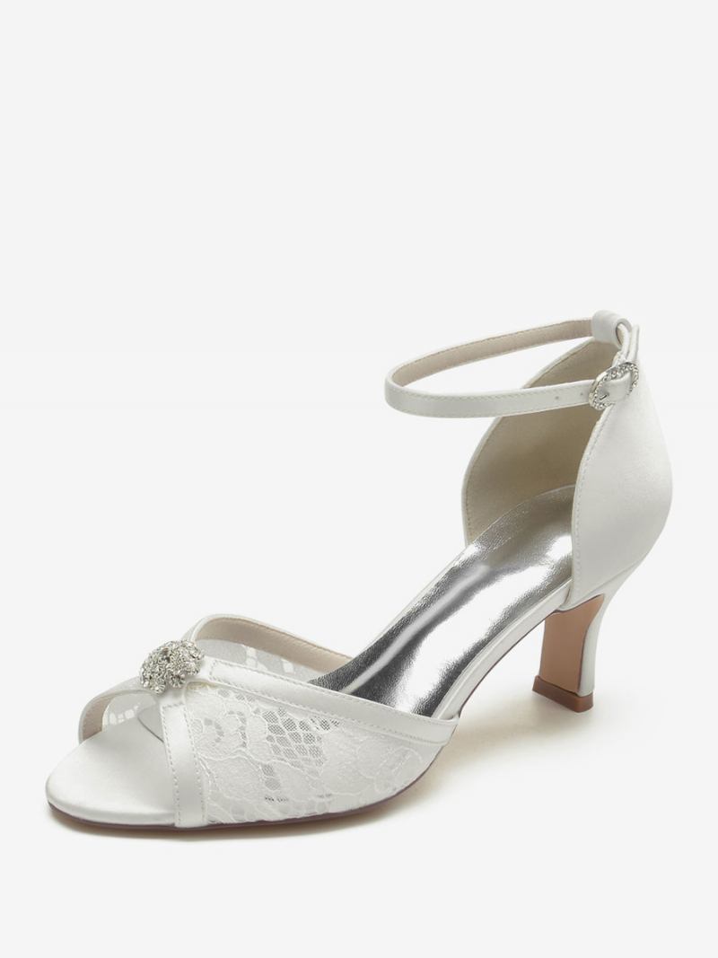 Sapatos Femininos Casamento Com Renda Peep Toe Strass Salto Grosso Noiva