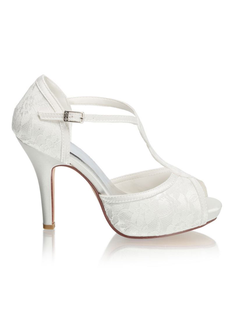 Sapatos Femininos Renda Para Capina Plataforma Peep Toe Tipo T Salto Agulha Noiva Casamento Vintage - Marfim