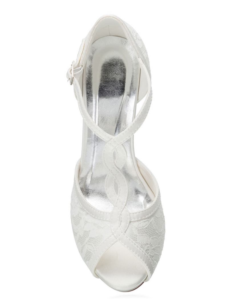 Sapatos Femininos Renda Para Capina Plataforma Peep Toe Tipo T Salto Agulha Noiva Casamento Vintage - Marfim
