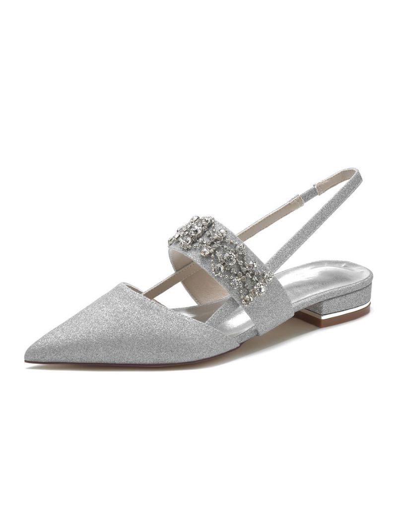Sapatos Noiva Baixos Femininos Com Strass E Estilingue - Prata