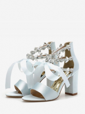 Sapatos Noiva Femininos Cetim Claro Azul Céu Aberto Strass Salto Grosso