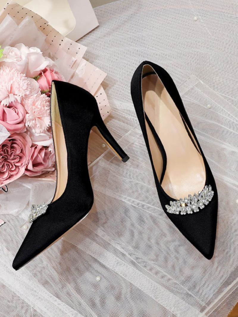 Sapatos Noiva Femininos Cetim Claro Céu Azul Bico Fino Strass Salto Agulha - Preto