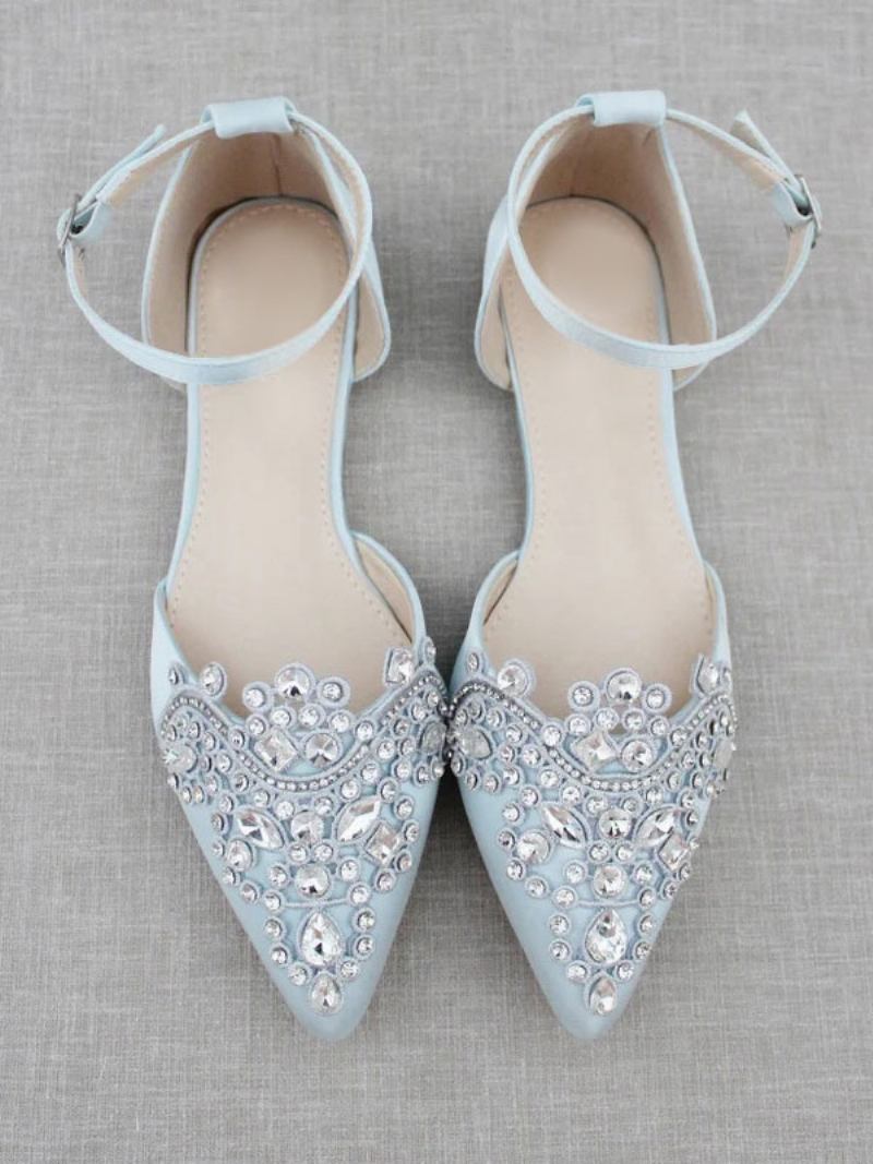 Sapatos Noiva Femininos Cetim Com Bico Fino E Strass - Azul Céu Claro