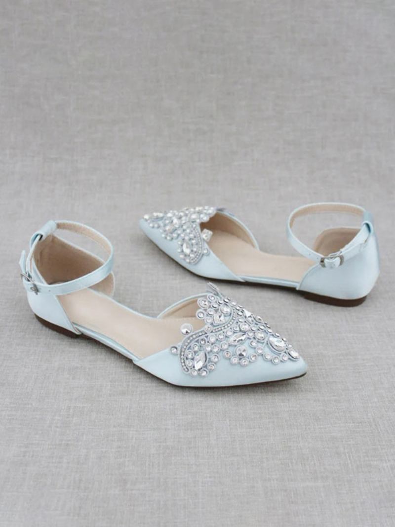 Sapatos Noiva Femininos Cetim Com Bico Fino E Strass - Azul Céu Claro