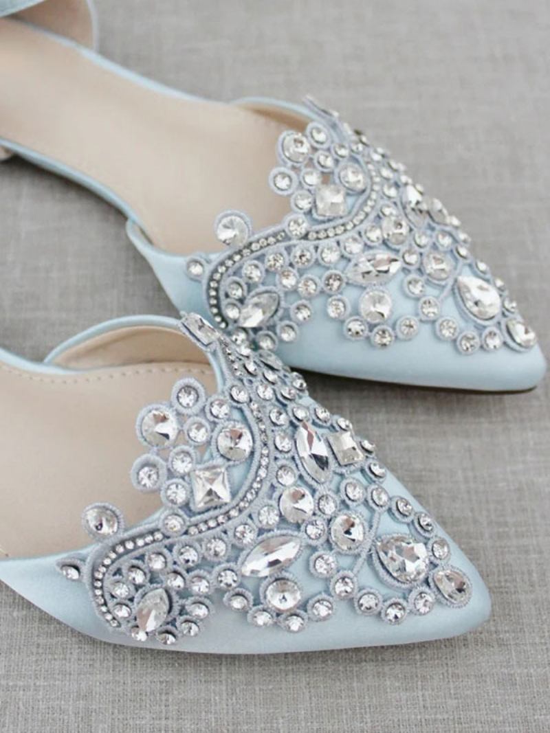 Sapatos Noiva Femininos Cetim Com Bico Fino E Strass - Azul Céu Claro
