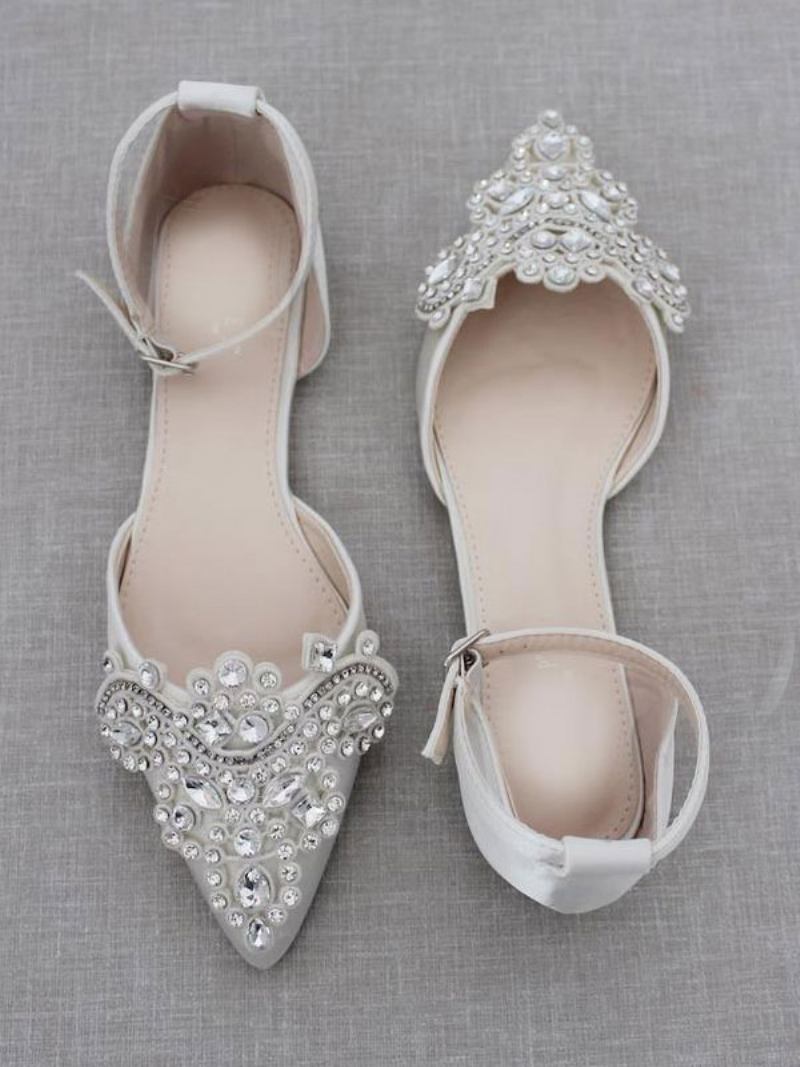 Sapatos Noiva Femininos Cetim Com Bico Fino E Strass - Branco