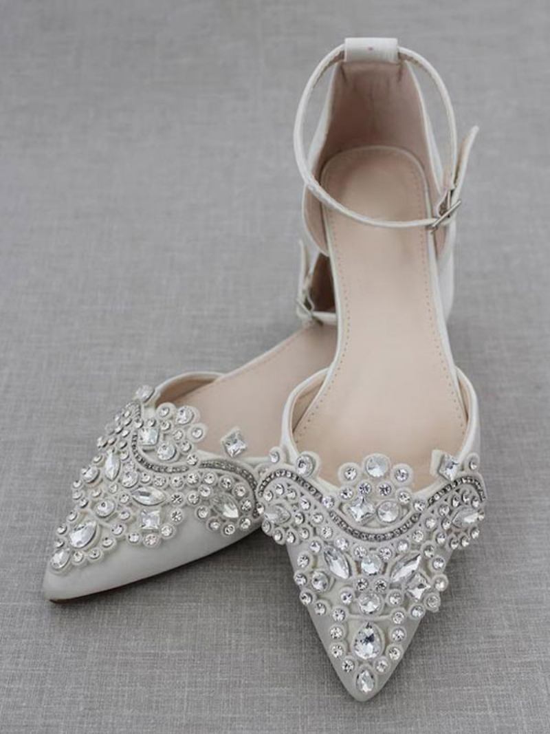 Sapatos Noiva Femininos Cetim Com Bico Fino E Strass - Branco