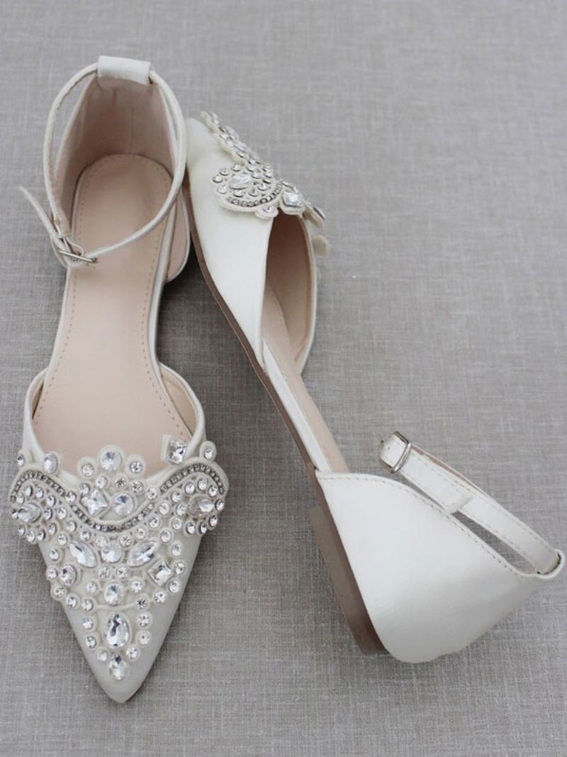 Sapatos Noiva Femininos Cetim Com Bico Fino E Strass - Branco
