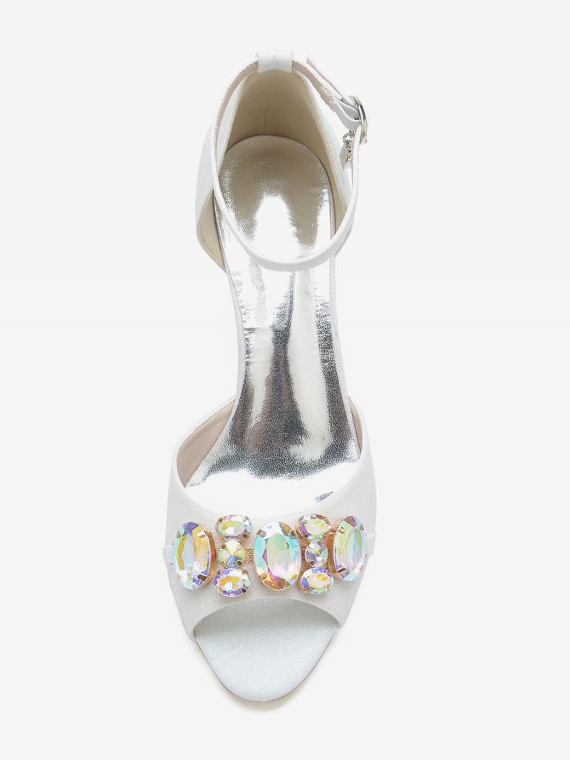 Sapatos Noiva Femininos Com Lantejoulas Peep Toe Strass Casamento Salto Grosso - Branco
