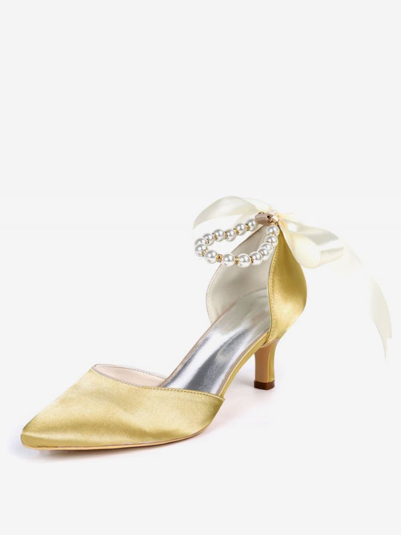 Sapatos Noiva Femininos Com Pérolas E Tira No Tornozelo Amarrando Salto Gatinho - Ouro