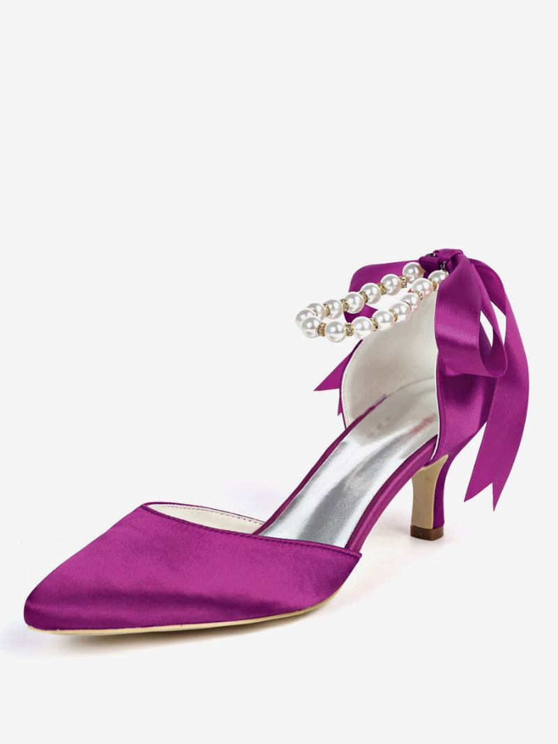 Sapatos Noiva Femininos Com Pérolas E Tira No Tornozelo Amarrando Salto Gatinho - Ameixa