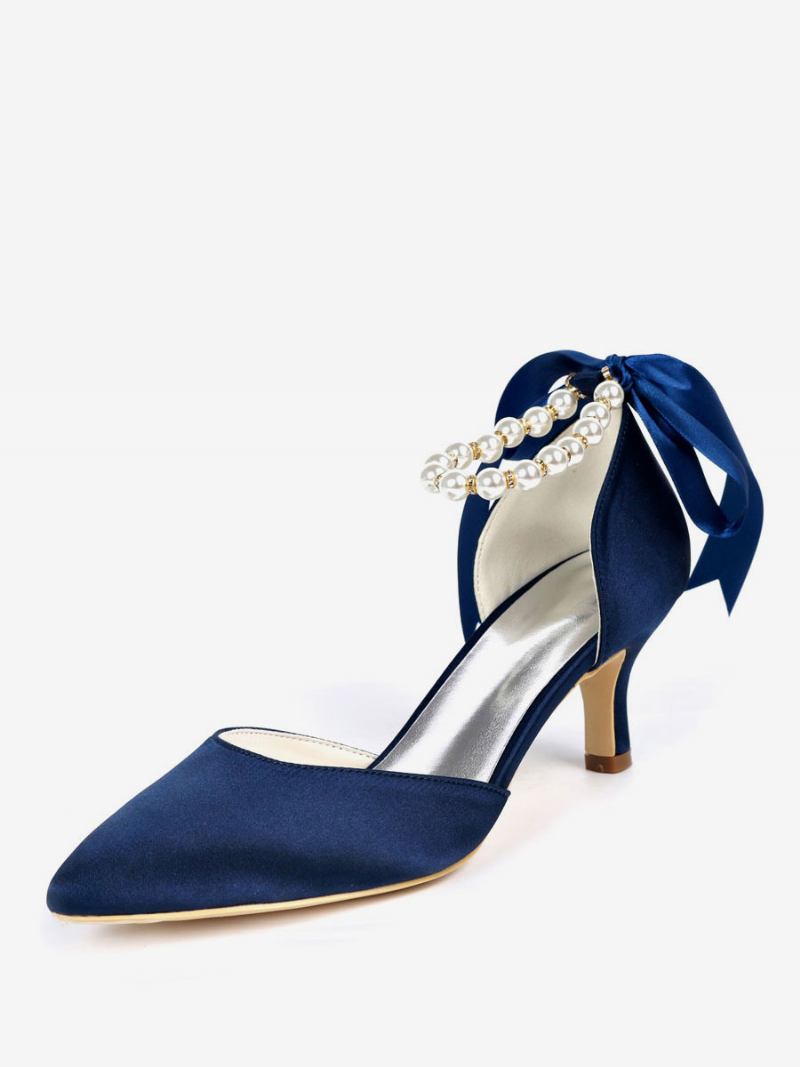 Sapatos Noiva Femininos Com Pérolas E Tira No Tornozelo Amarrando Salto Gatinho - Azul Profundo