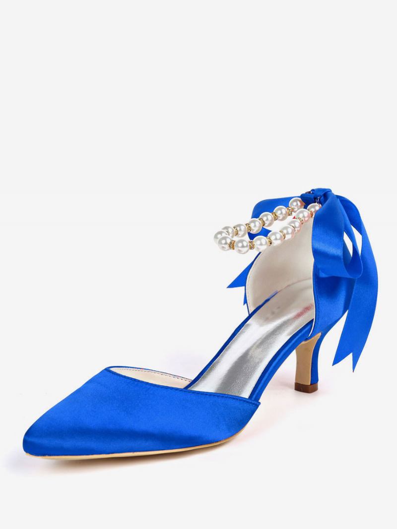 Sapatos Noiva Femininos Com Pérolas E Tira No Tornozelo Amarrando Salto Gatinho - Azul Royal