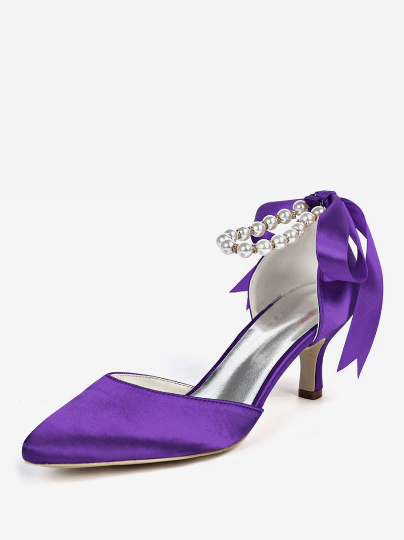 Sapatos Noiva Femininos Com Pérolas E Tira No Tornozelo Amarrando Salto Gatinho - Roxo Profundo