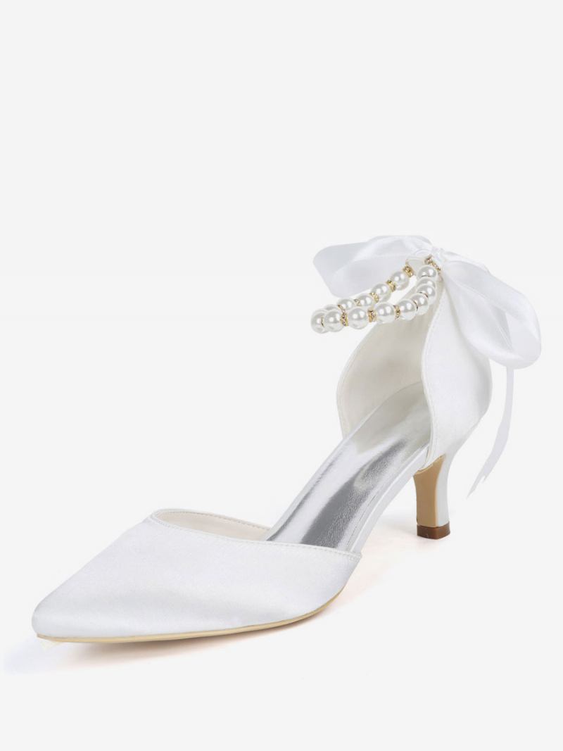 Sapatos Noiva Femininos Com Pérolas E Tira No Tornozelo Amarrando Salto Gatinho - Branco