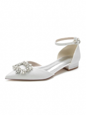 Sapatos Noiva Femininos Com Strass E Tira No Tornozelo Plana Em Cetim