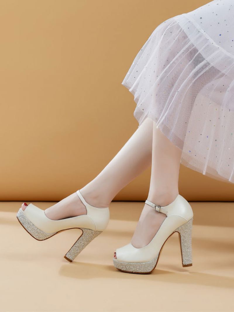 Sapatos Noiva Femininos Couro Pu Ecru Branco Peep Toe Pérolas - Bege