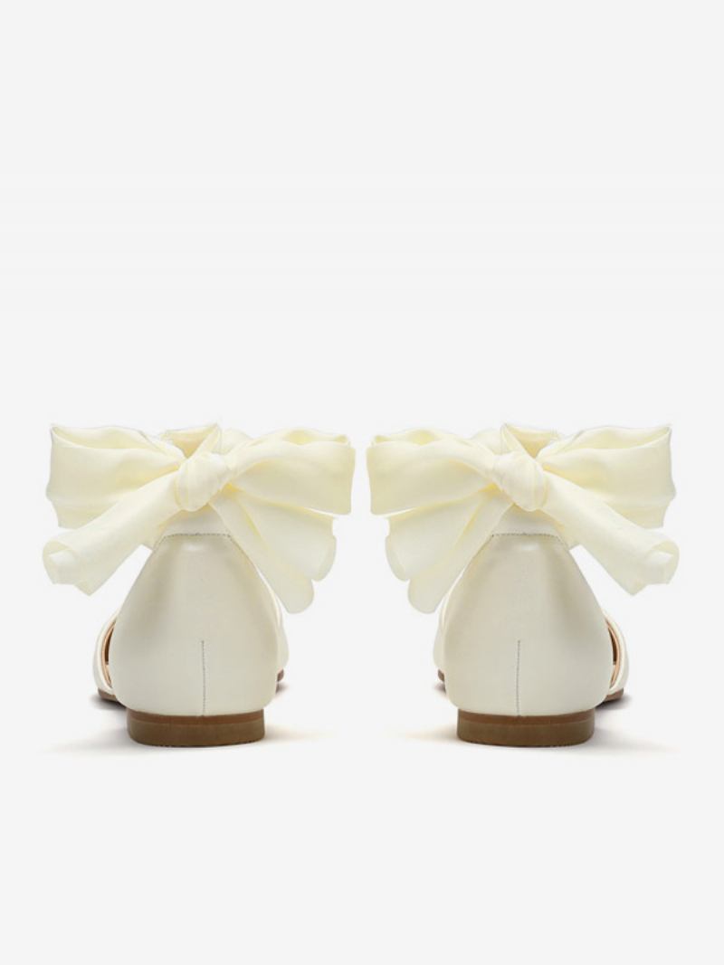 Sapatos Noiva Rasos Femininos Bico Fino Branco Com Cadarço Bombas Casamento Planas - Bege