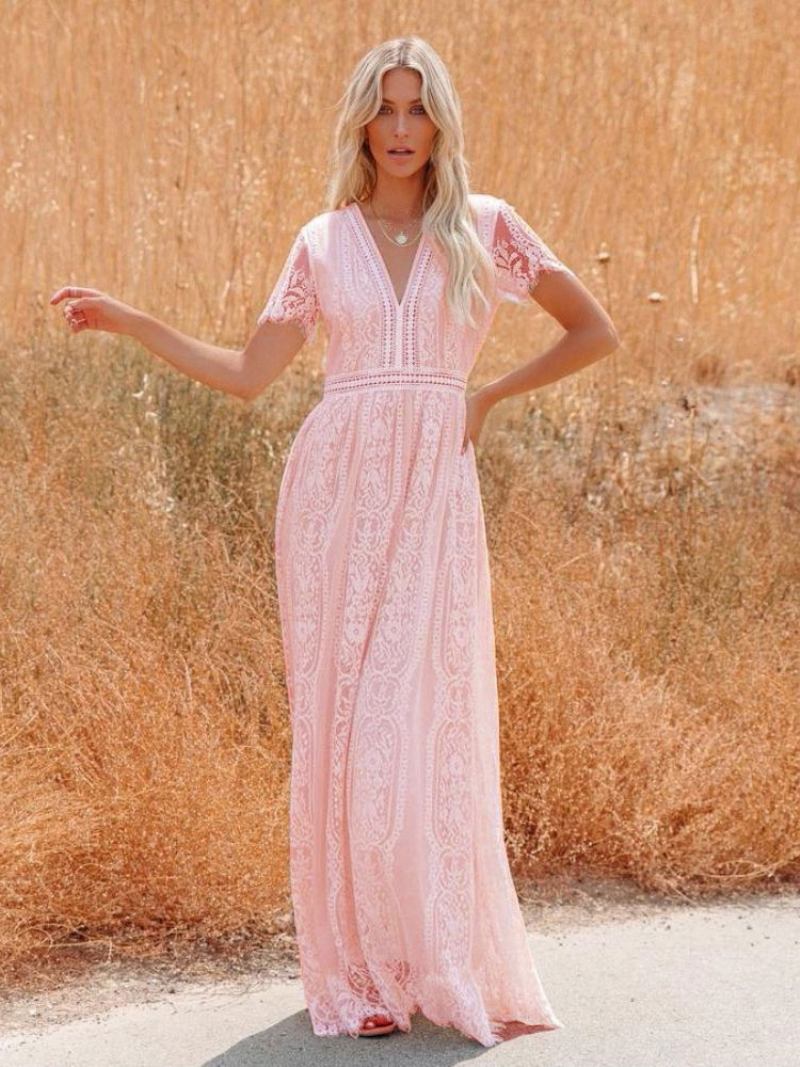 Vestido Maxi Feminino Com Decote Em V Meia Manga Renda Boêmio Até O Chão - Rosa