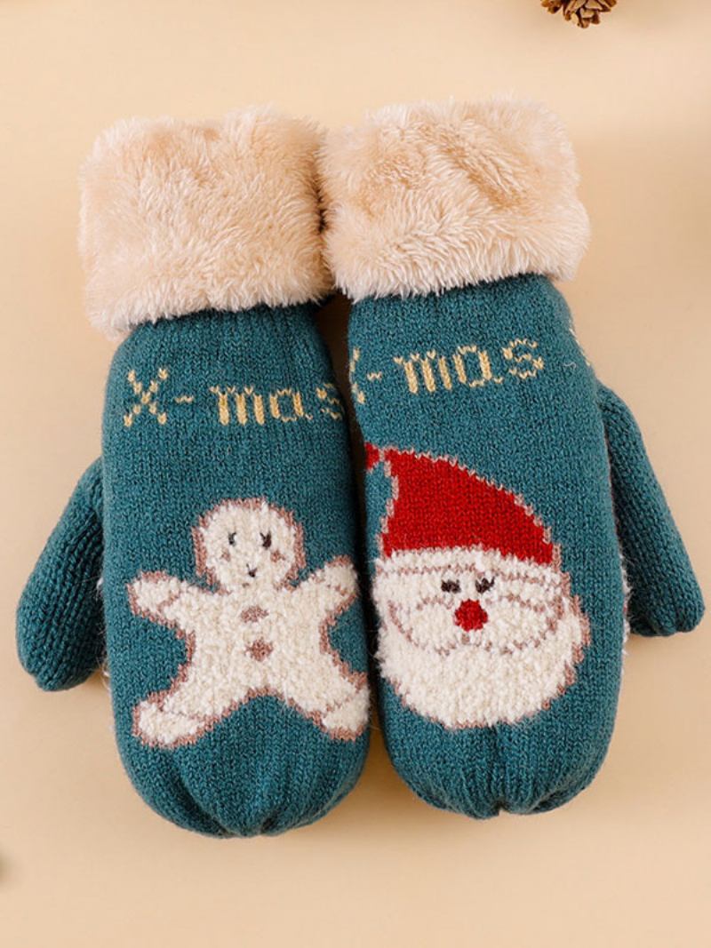 Luvas Femininas Natal Padrão Presente Feriado Para Casa Usar Inverno Quente Fofo Acc - Azul Verde